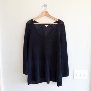 Demylee Linen Knit V-Neck Pullover Long Sleeve Sweater Navy L